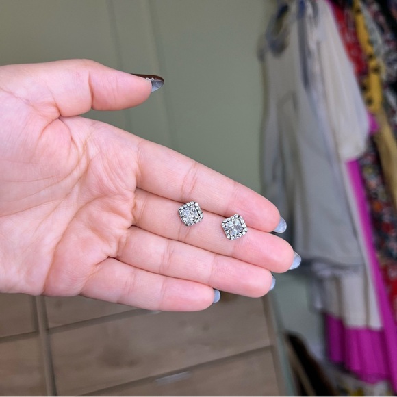 Princess Cut CZ Diamond Square Halo Studs Dainty Small Earrings Jewelry Accessor - Picture 15 of 16